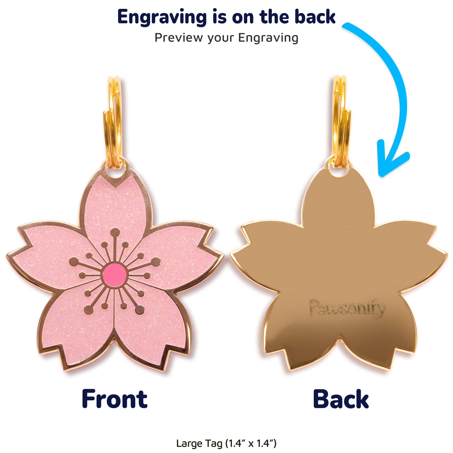 Engraving preview of the large Cherry Blossom Pet Tag, showcasing the front design and the customizable text preview on the back. #size_Large (S/M/L)