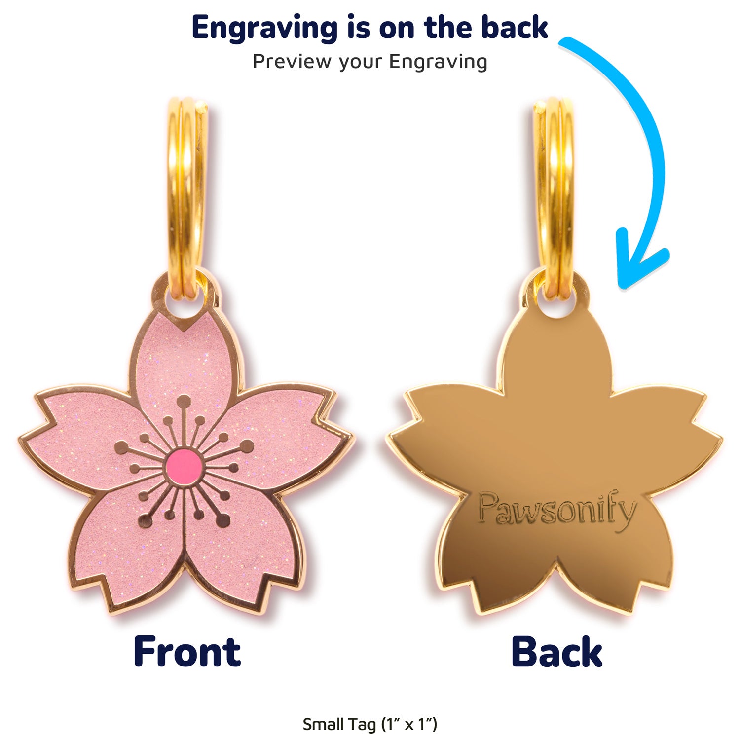 Engraving preview of the small Cherry Blossom Pet Tag, showcasing the front design and the customizable text preview on the back.  #size_Small (Cat/XS)