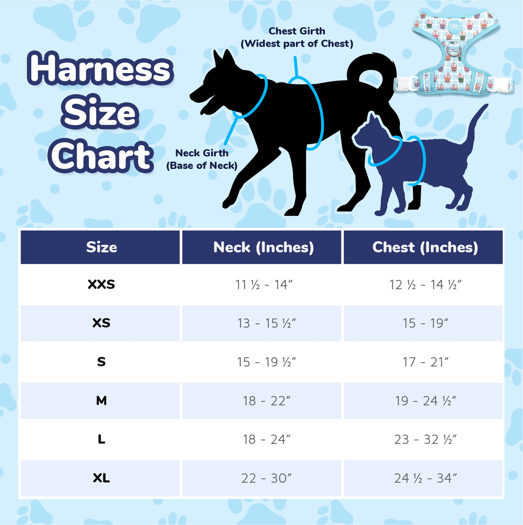 Pawsonify Boba Harness Size Chart for Cats and Dogs