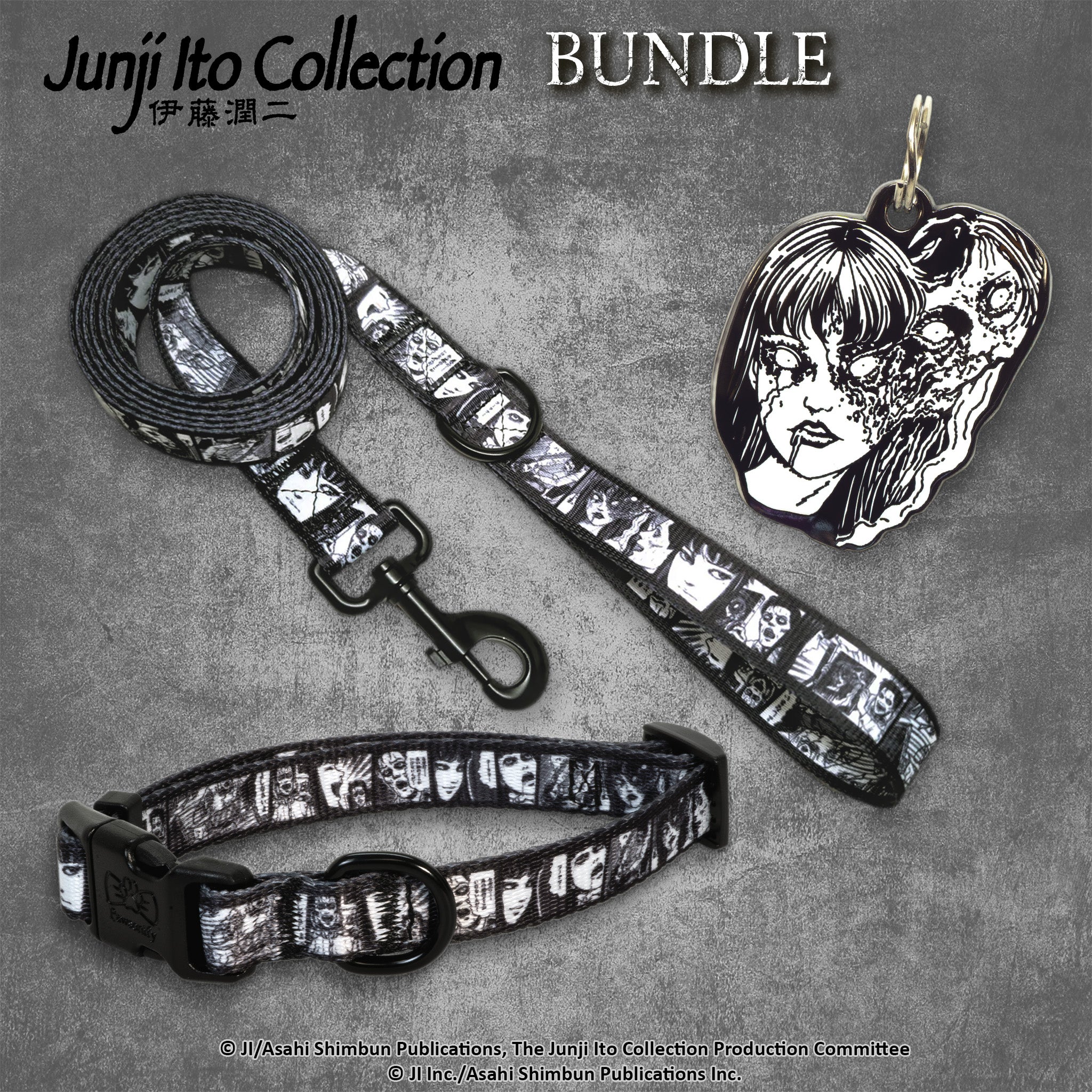 Junji Ito pet accessory bundle featuring a small dog collar, matching leash, and a Tomie-themed pet tag. The design showcases eerie and detailed artwork inspired by Junji Ito’s horror aesthetic. #size_Dog: (S) 10-15" / Tomie Pet Tag