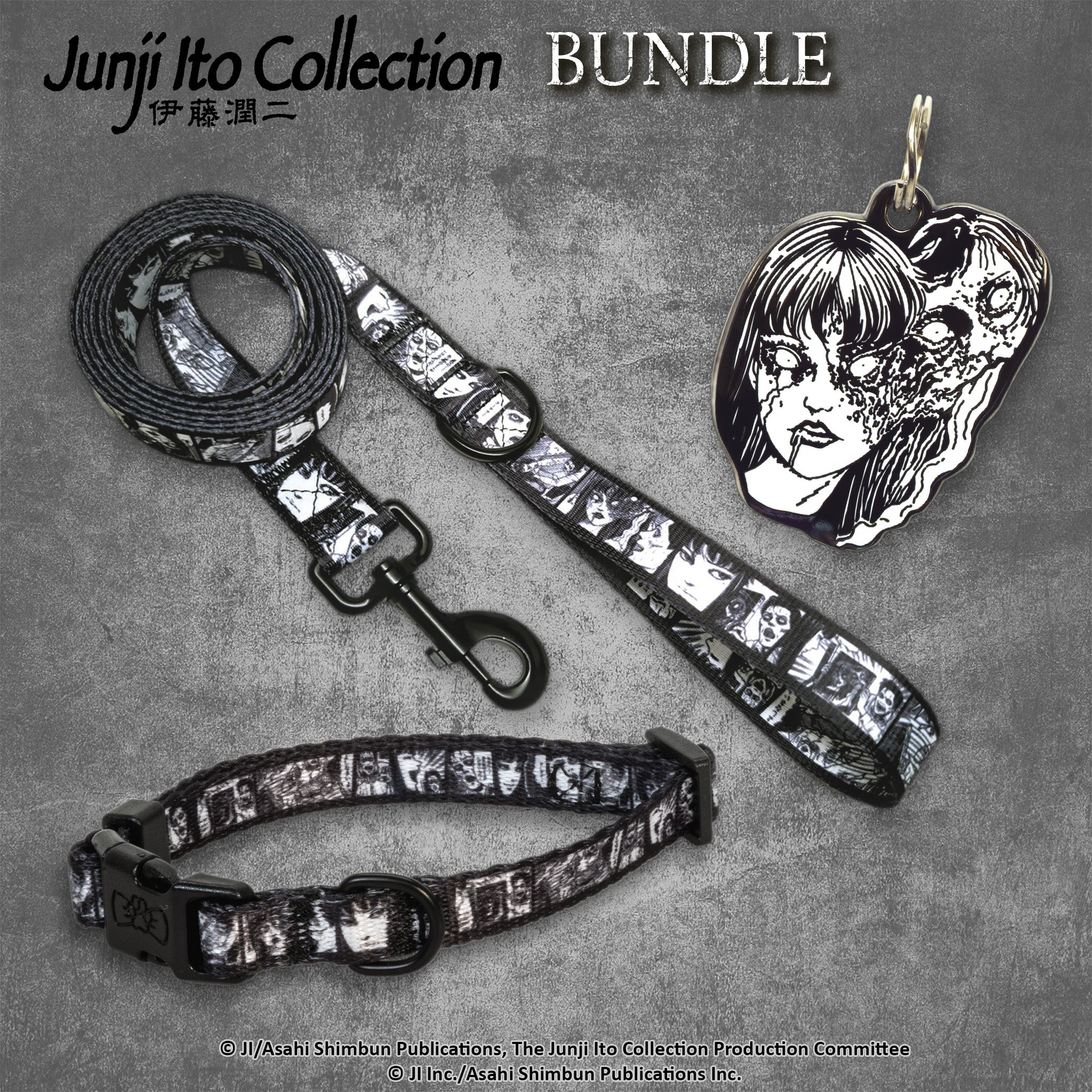 Junji Ito pet accessory bundle featuring a dog collar, matching leash, and a Tomie-themed pet tag. The design showcases eerie and detailed artwork inspired by Junji Ito’s horror aesthetic. #size_Dog: (XS) 8-12" / Tomie Pet Tag