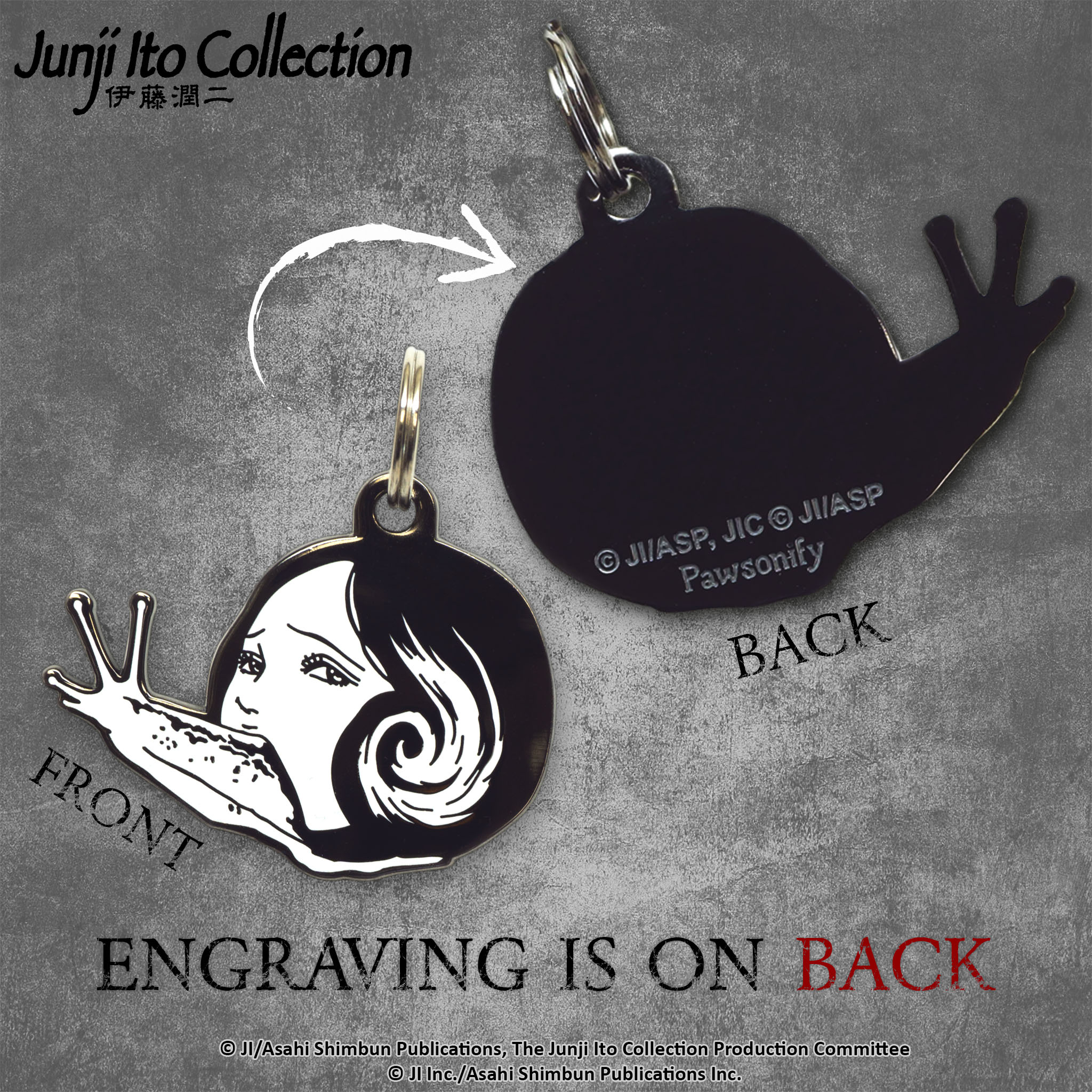 Engraving preview of the Slug GIrl Pet Tag from by Junji Ito, showcasing the front design and the customizable text preview on the back.#Pet Tag_Slug Girl Pet Tag