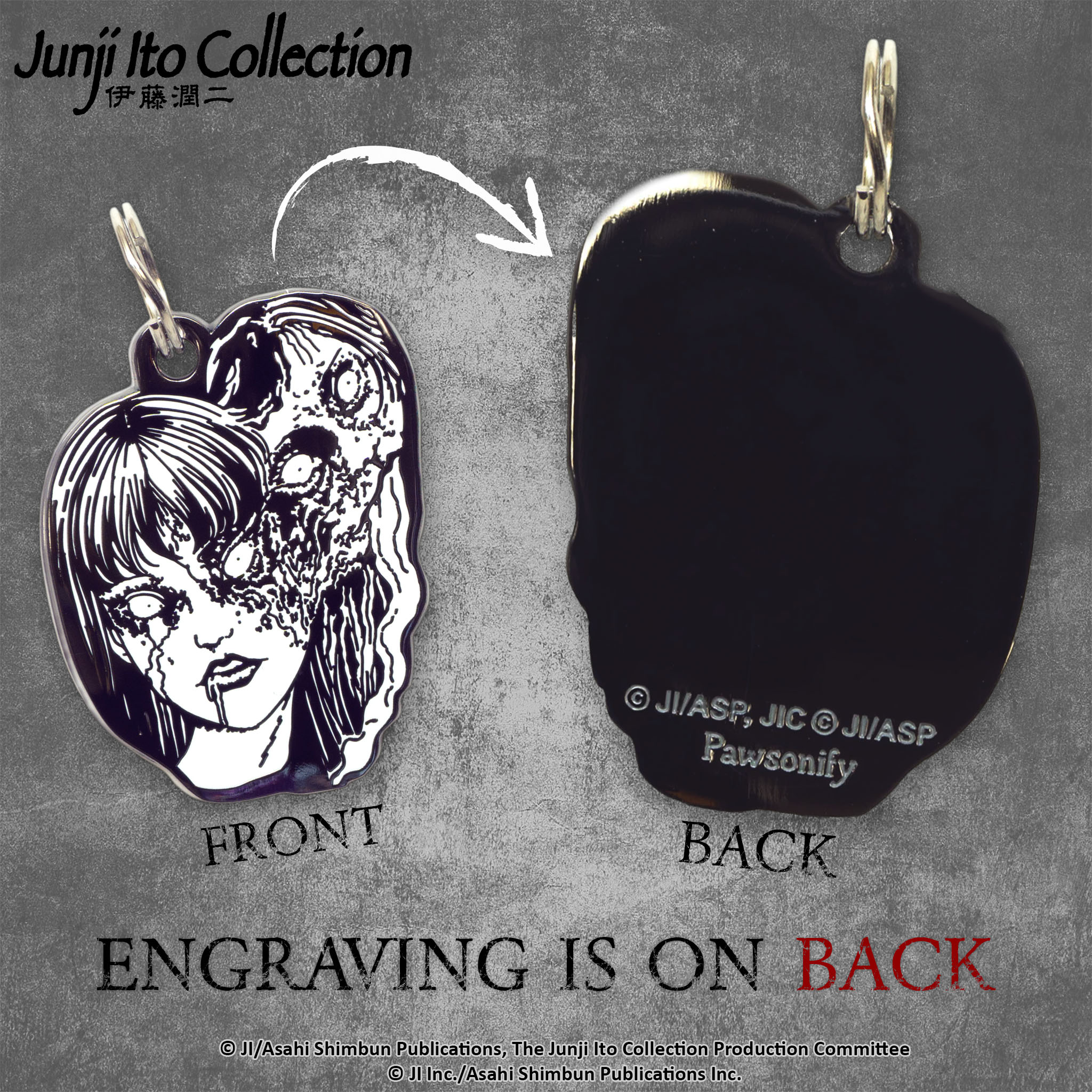 Engraving preview of the Tomie Pet Tag from by Junji Ito, showcasing the front design and the customizable text preview on the back.  #Pet Tag_Tomie Pet Tag