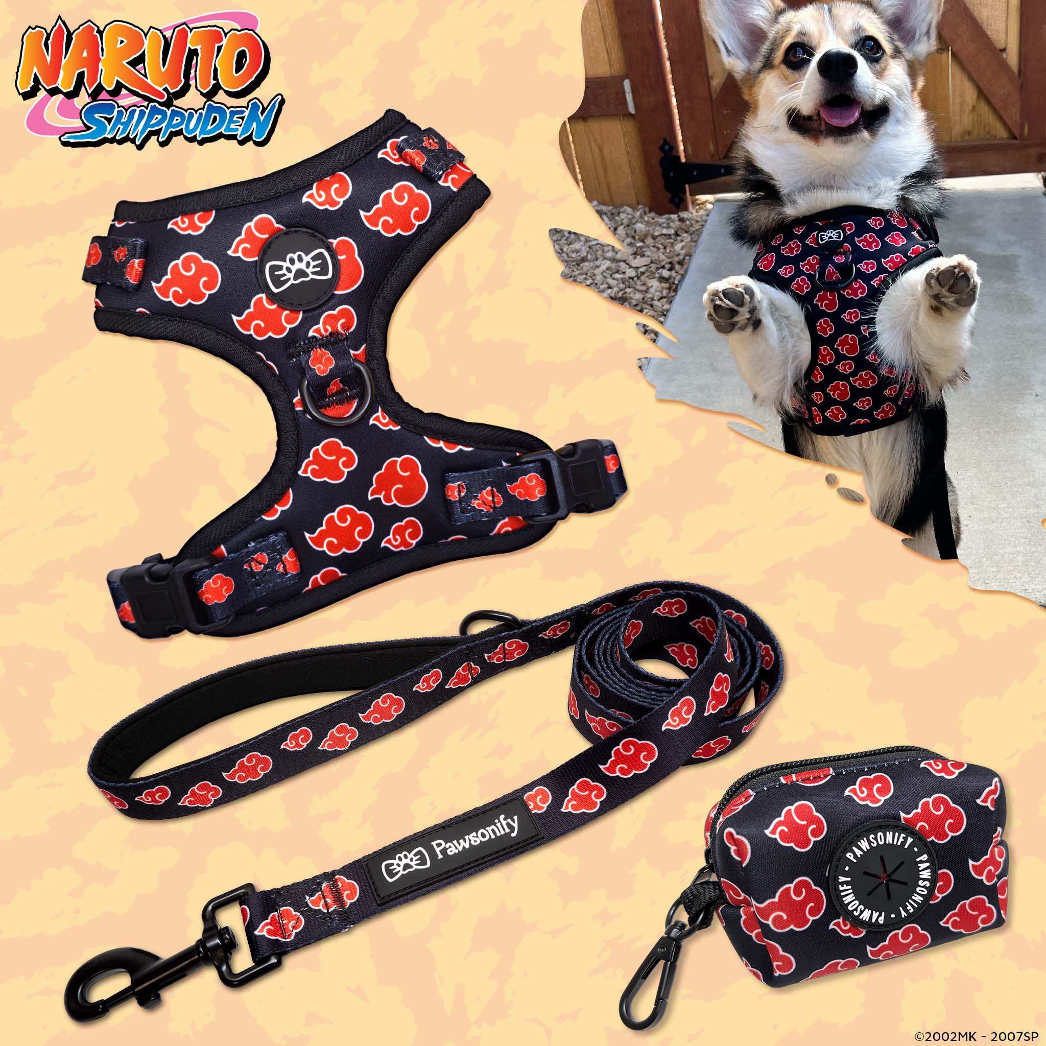 Akatsuki Dog Bundle featuring a red and black harness with signature cloud patterns, a matching leash, a coordinating poop bag holder, and a pet tag inspired by the infamous rogue shinobi organization. #size_Poop Bag Dispenser / None