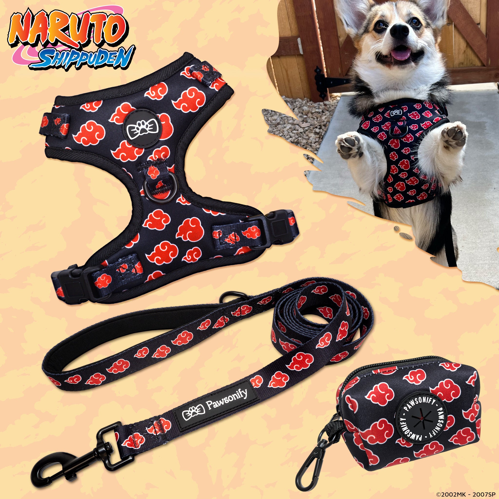 Akatsuki Dog Bundle featuring a red and black harness with signature cloud patterns, a matching leash, a coordinating poop bag holder, and a pet tag inspired by the infamous rogue shinobi organization. #size_None / None