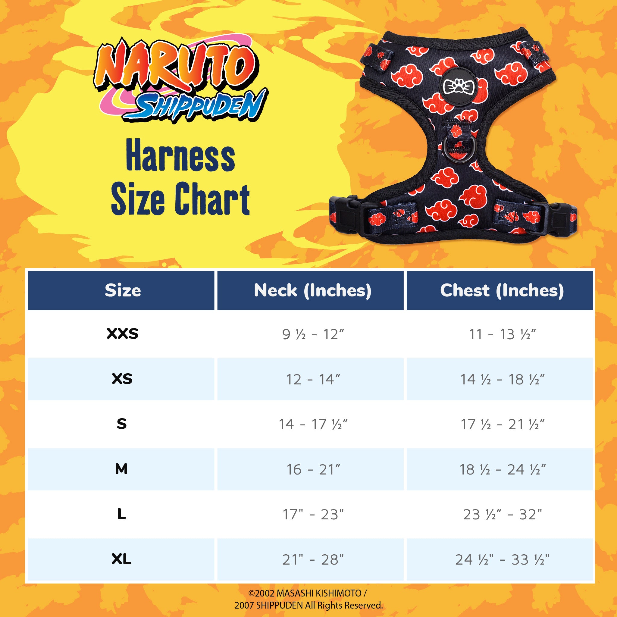 Naruto Shippuden x Pawsonify Akatsuki Harness Size Chart for Cats and Dogs