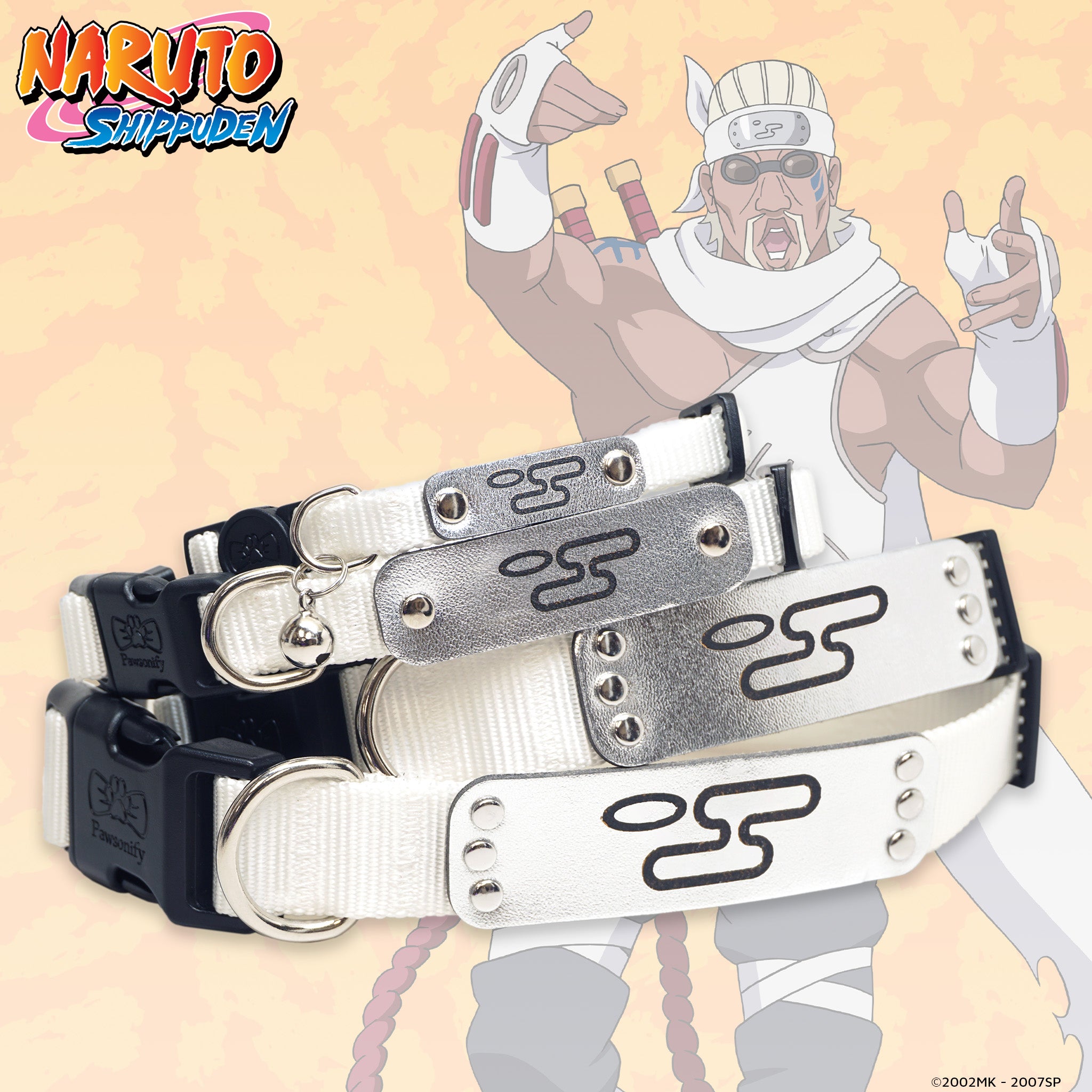 Hidden Cloud Village Ninja Headband Collar inspired by Naruto Shippuden, featuring an adjustable white nylon strap and a leather plate engraved with the Hidden Cloud symbol. Suitable for cats and dogs, perfect for anime-loving pets.