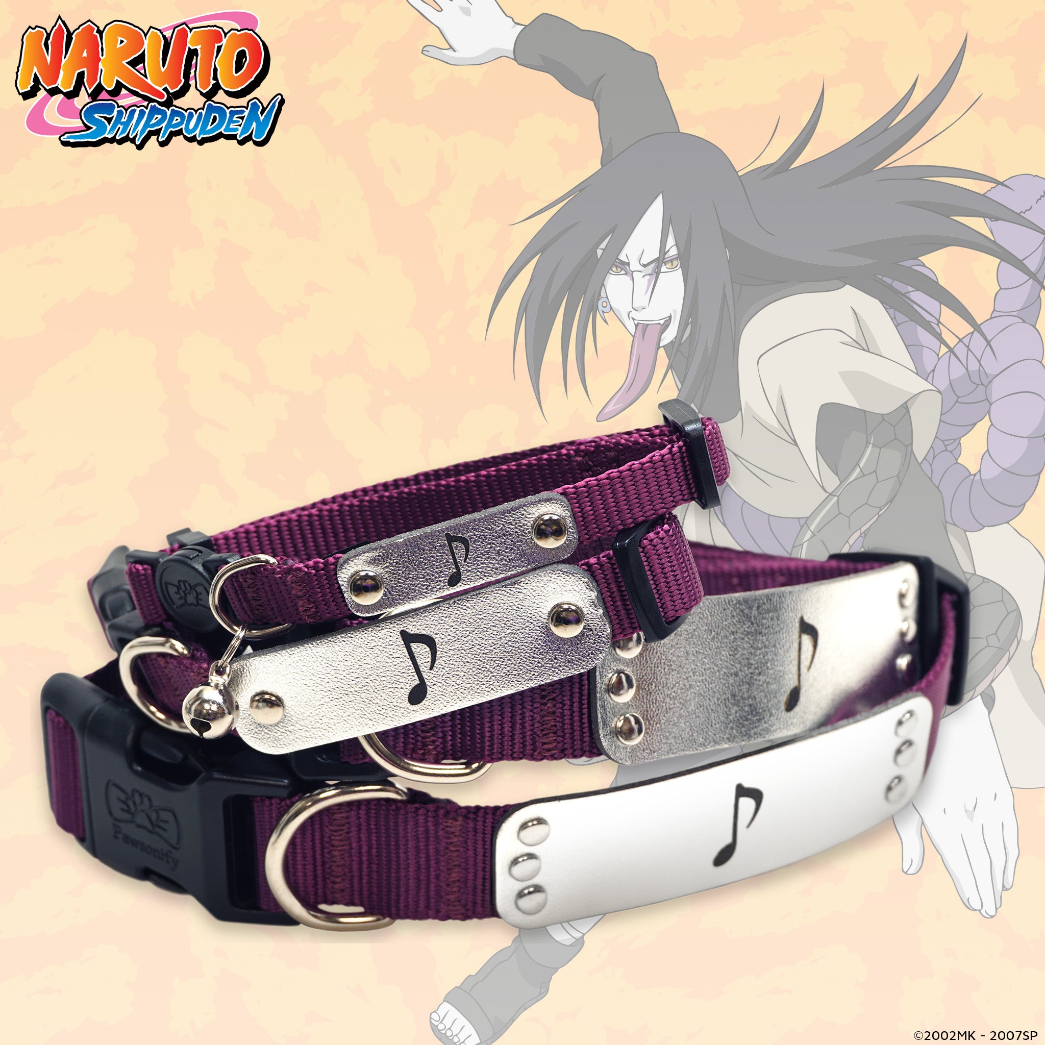 Hidden Sound Village Ninja Headband Collar inspired by Naruto Shippuden, featuring an adjustable purple strap and a leather plate engraved with the Hidden Sound symbol. Suitable for cats and dogs, perfect for anime-loving pets.