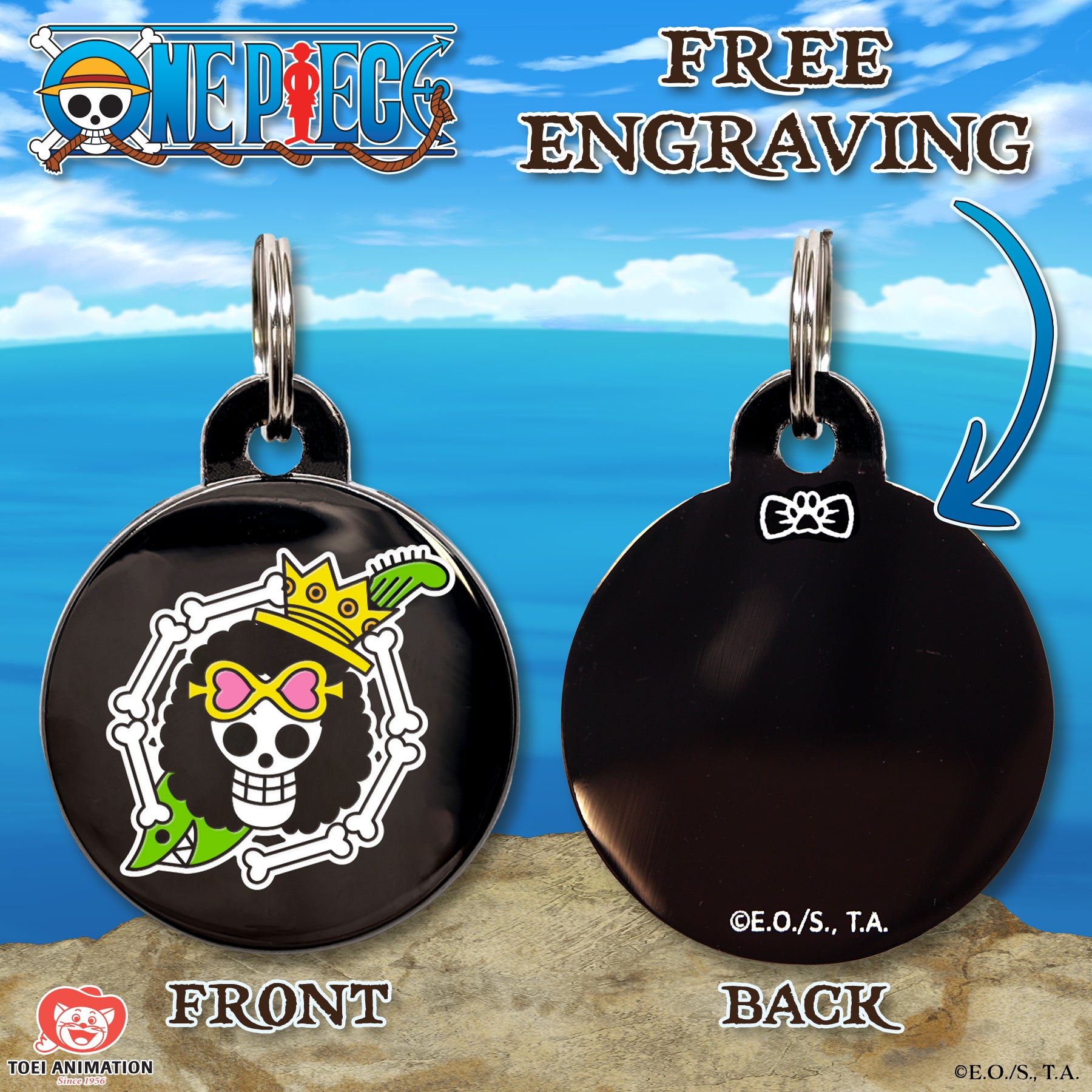 Engraving preview of the Brook's Jolly Roger Pet Tag inspired by One Piece, showcasing the front design and the customizable text preview on the back.