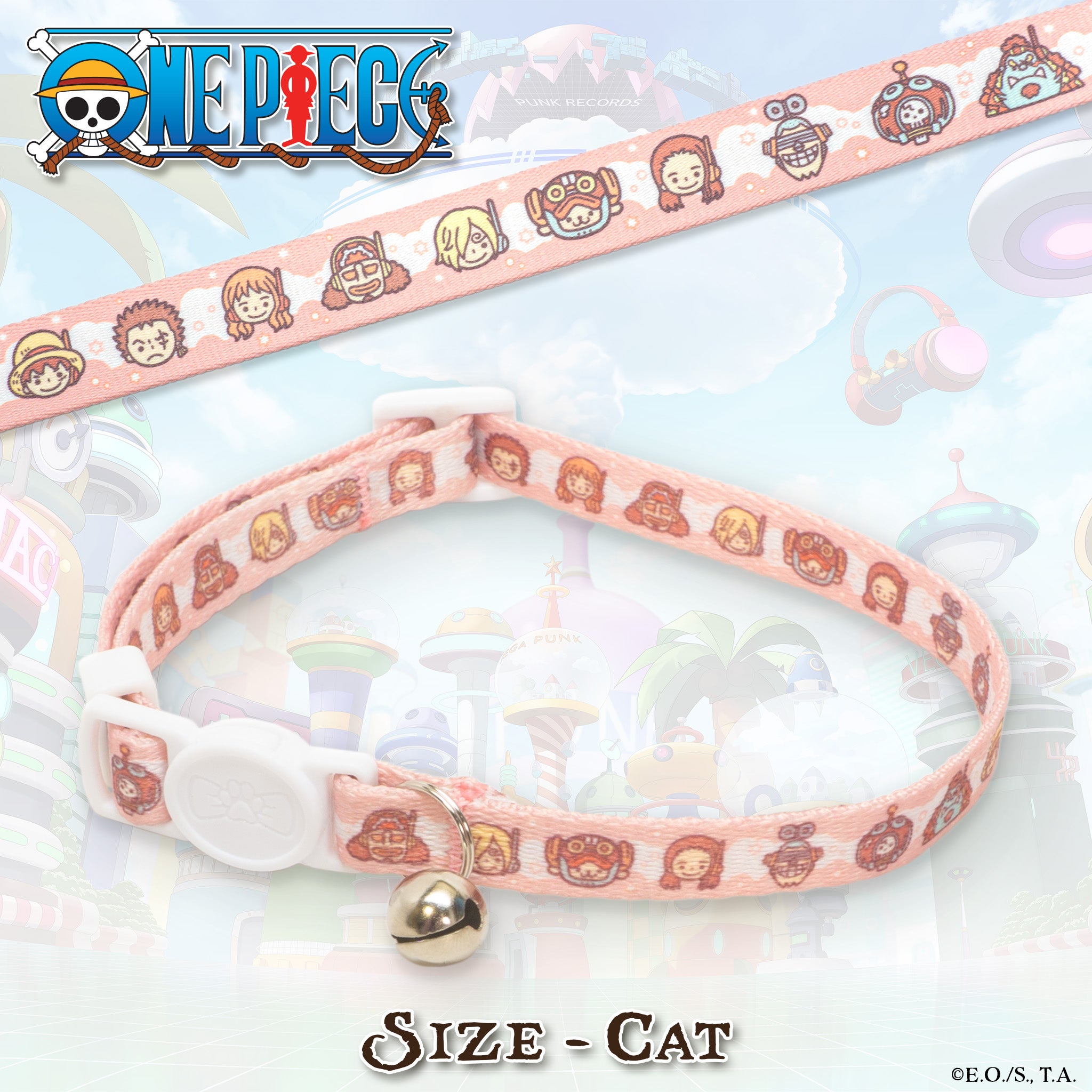 Close-up of an Egghead-themed One Piece cat collar, showcasing its vibrant pattern, breakaway buckle, and removable bell. #size_Cat: 8.5-12"