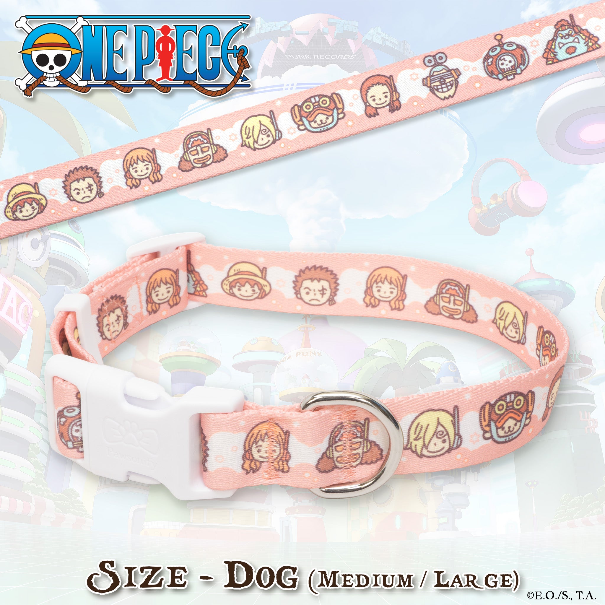 Medium & Large Egghead-themed One Piece dog collar displayed flat, showcasing its vibrant design, durable buckle, and adjustable fit. #size_Dog: (M) 15-20" / Dog: (L) 16-26"