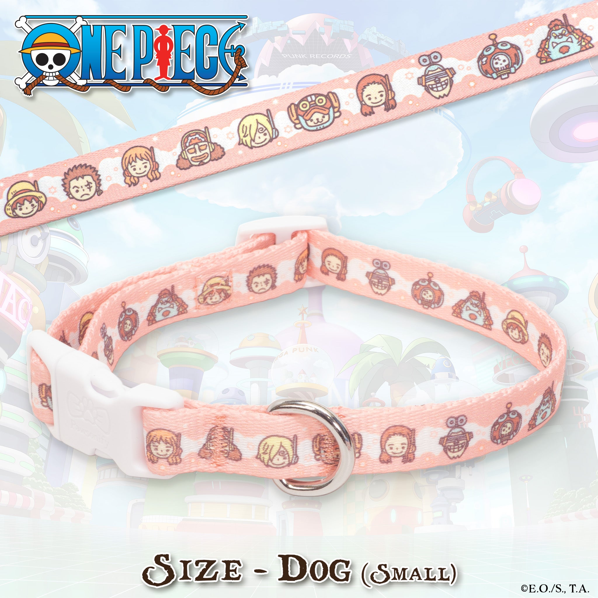 Small Egghead-themed One Piece dog collar displayed flat, featuring its colorful design, secure buckle, and adjustable sizing. #size_Dog: (S) 10-15"