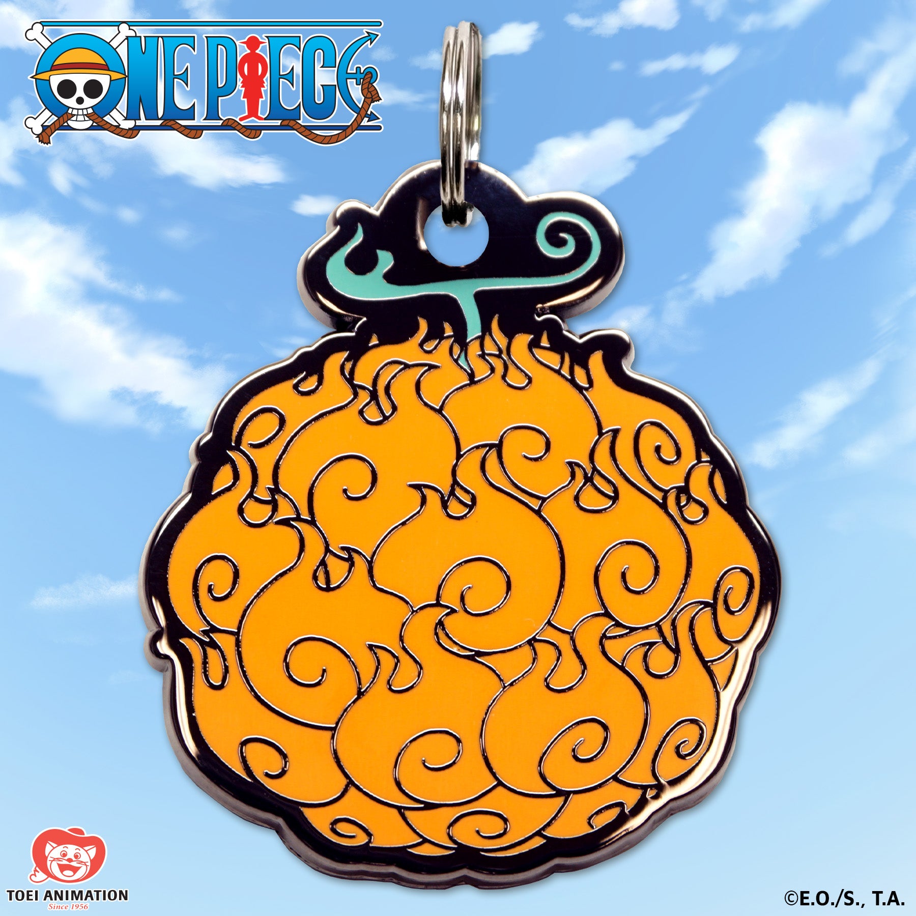 Close-up of the Flame-Flame Fruit Pet Tag inspired by One Piece.