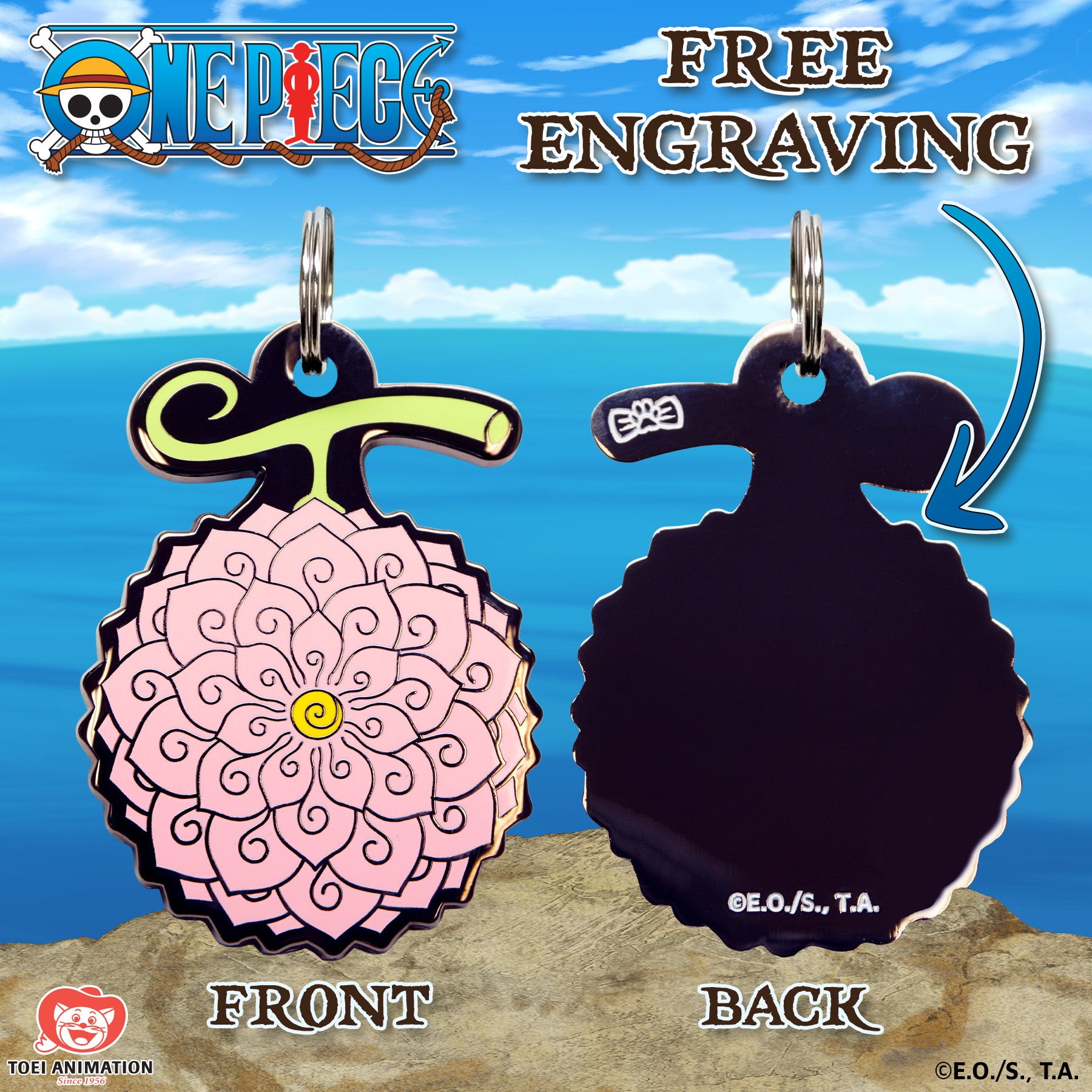 Engraving preview of the Flower-Flower Fruit Pet Tag inspired by One Piece, showcasing the front design and the customizable text preview on the back.