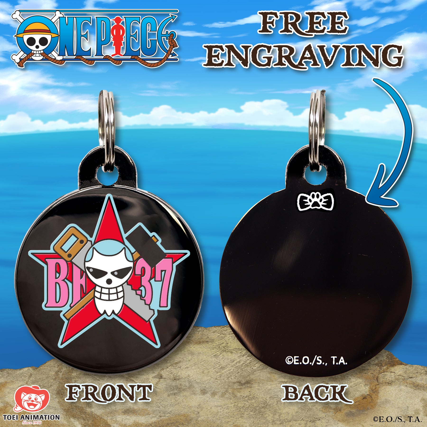 Engraving preview of the Franky's Jolly Roger Pet Tag inspired by One Piece, showcasing the front design and the customizable text preview on the back.