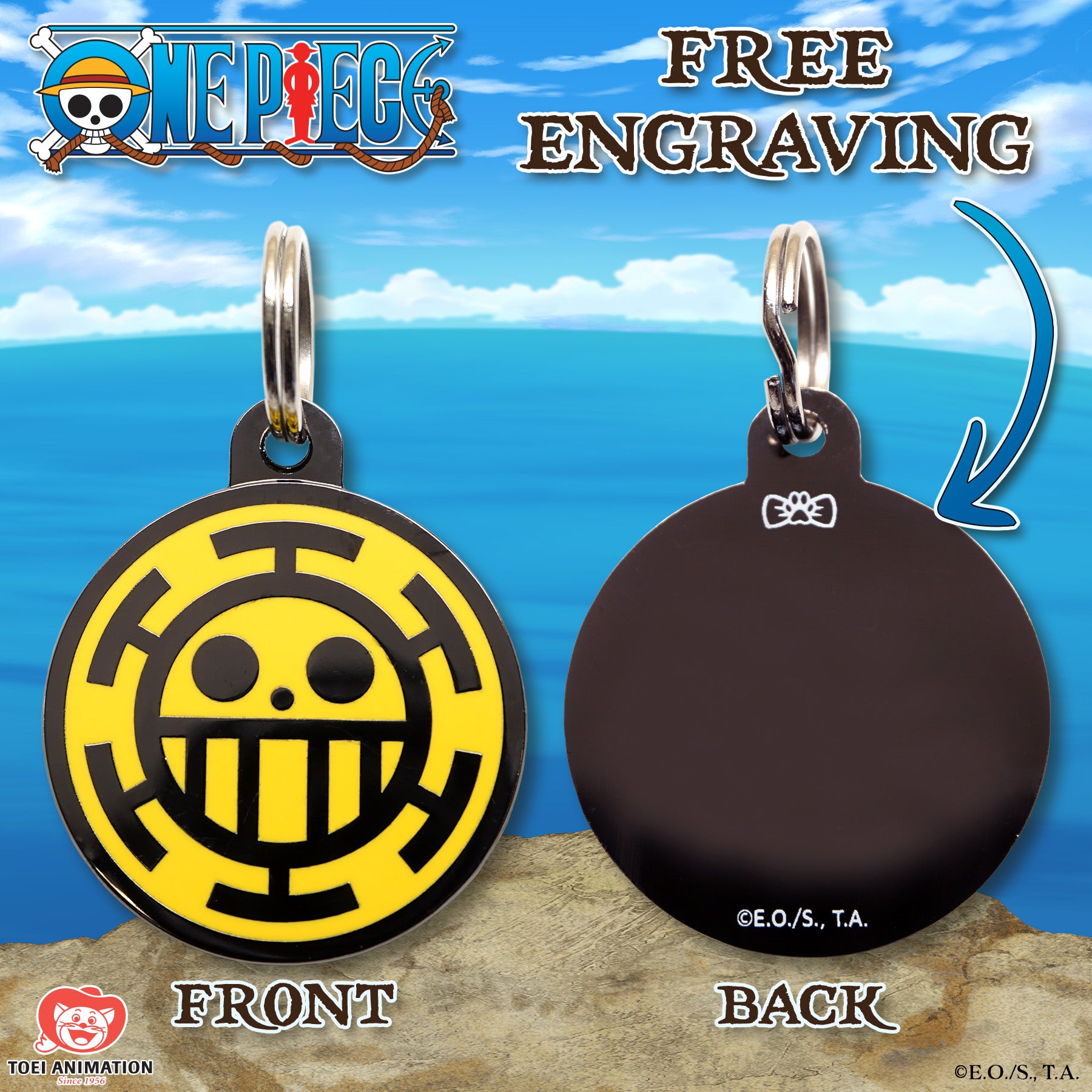 Engraving preview of the Heart Pirates Pet Tag inspired by One Piece, showcasing the front design and the customizable text preview on the back.