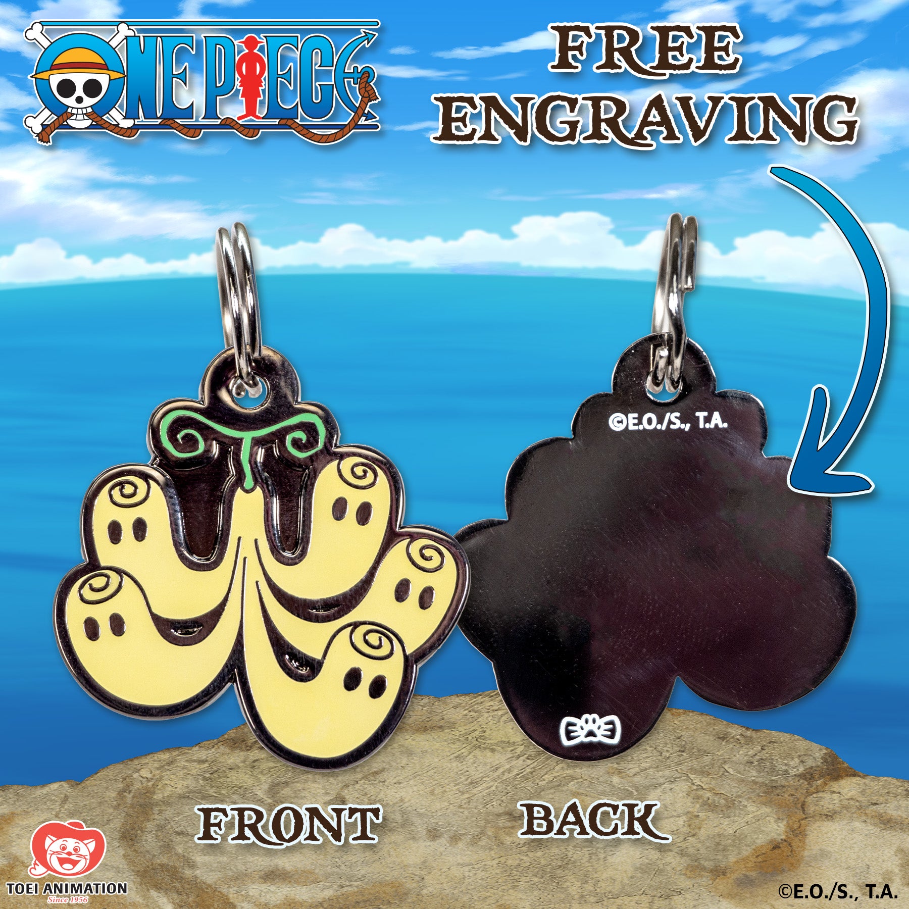 Engraving preview of the Hollow-Hollow Fruit Pet Tag inspired by One Piece, showcasing the front design and the customizable text preview on the back.