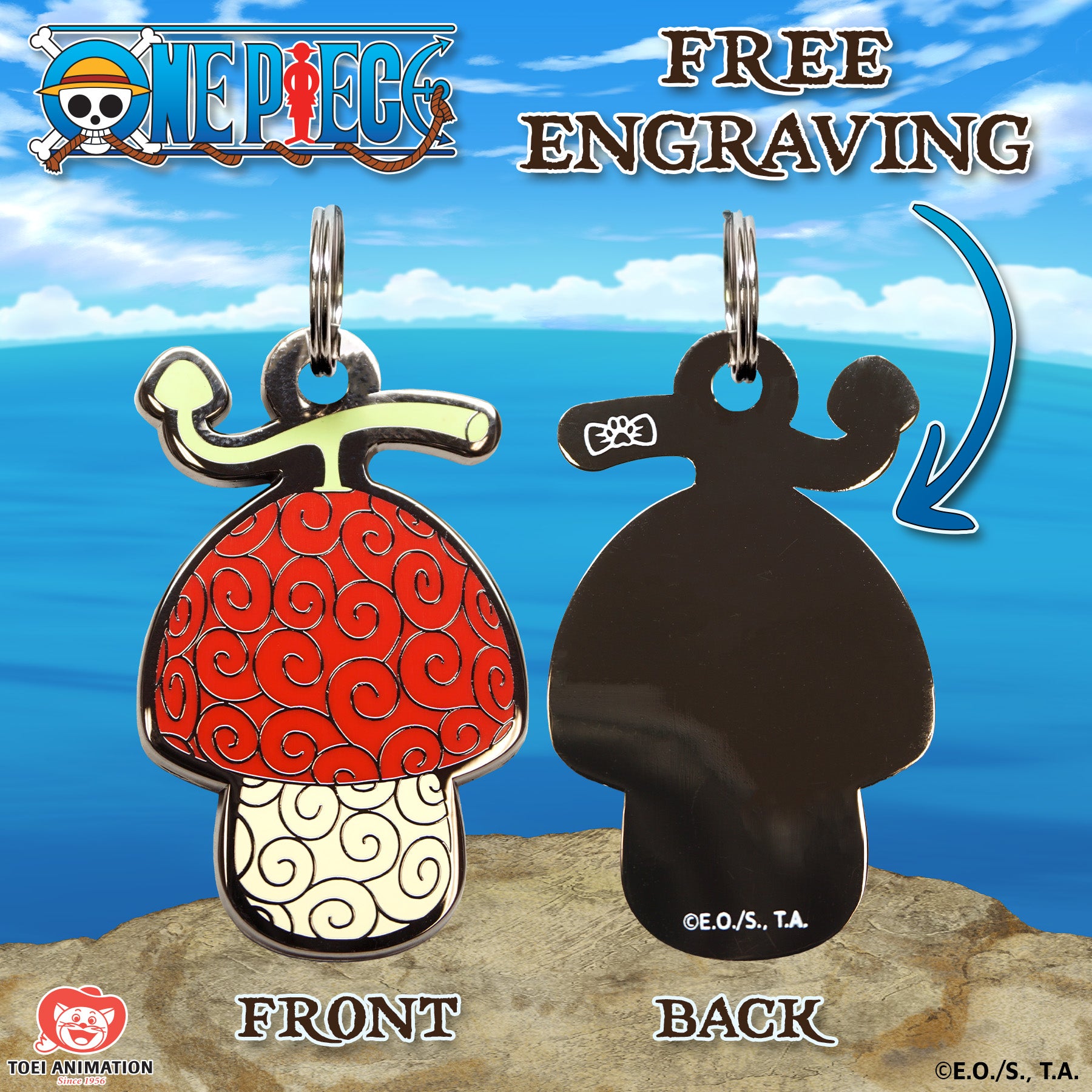 Engraving preview of the Human-Human Fruit Pet Tag inspired by One Piece, showcasing the front design and the customizable text preview on the back.