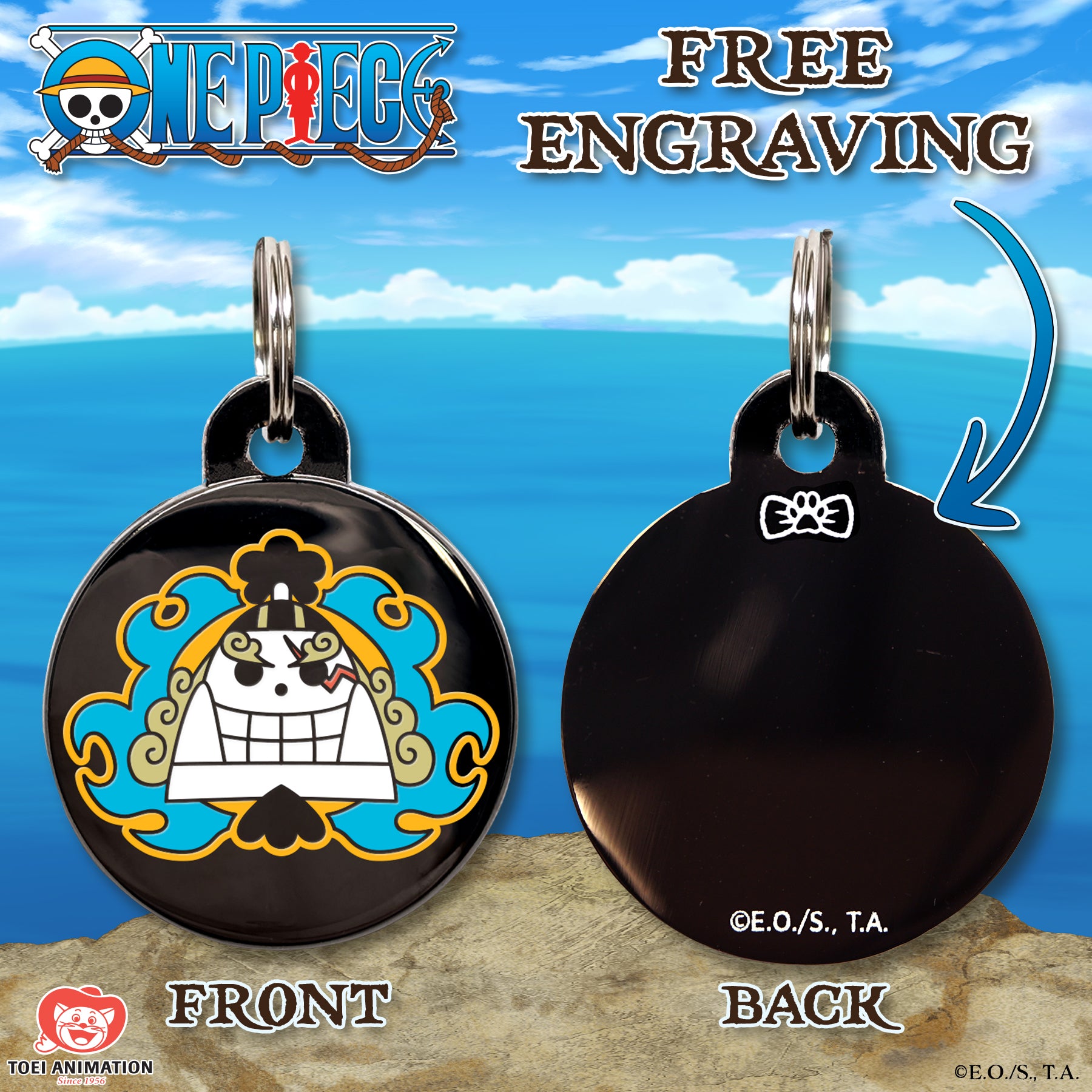 Engraving preview of the Jinbe's Jolly Roger Pet Tag from One Piece, showcasing the front design and the customizable text preview on the back.