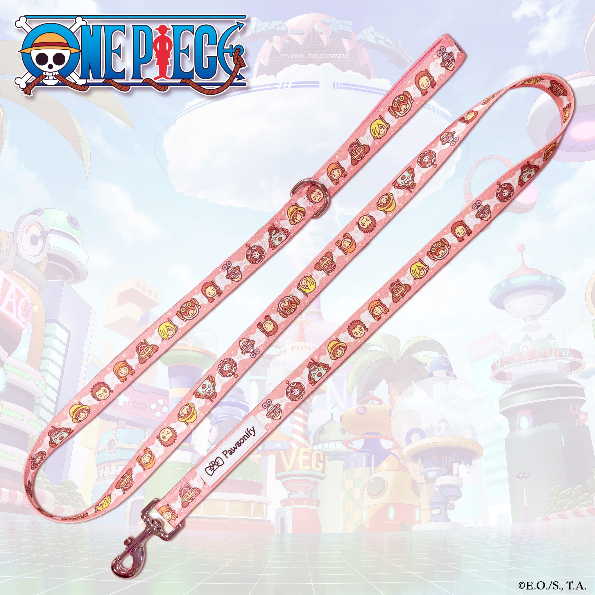 Egghead-themed One Piece leash displayed in a coiled arrangement, highlighting its vibrant design and sturdy metal clasp.