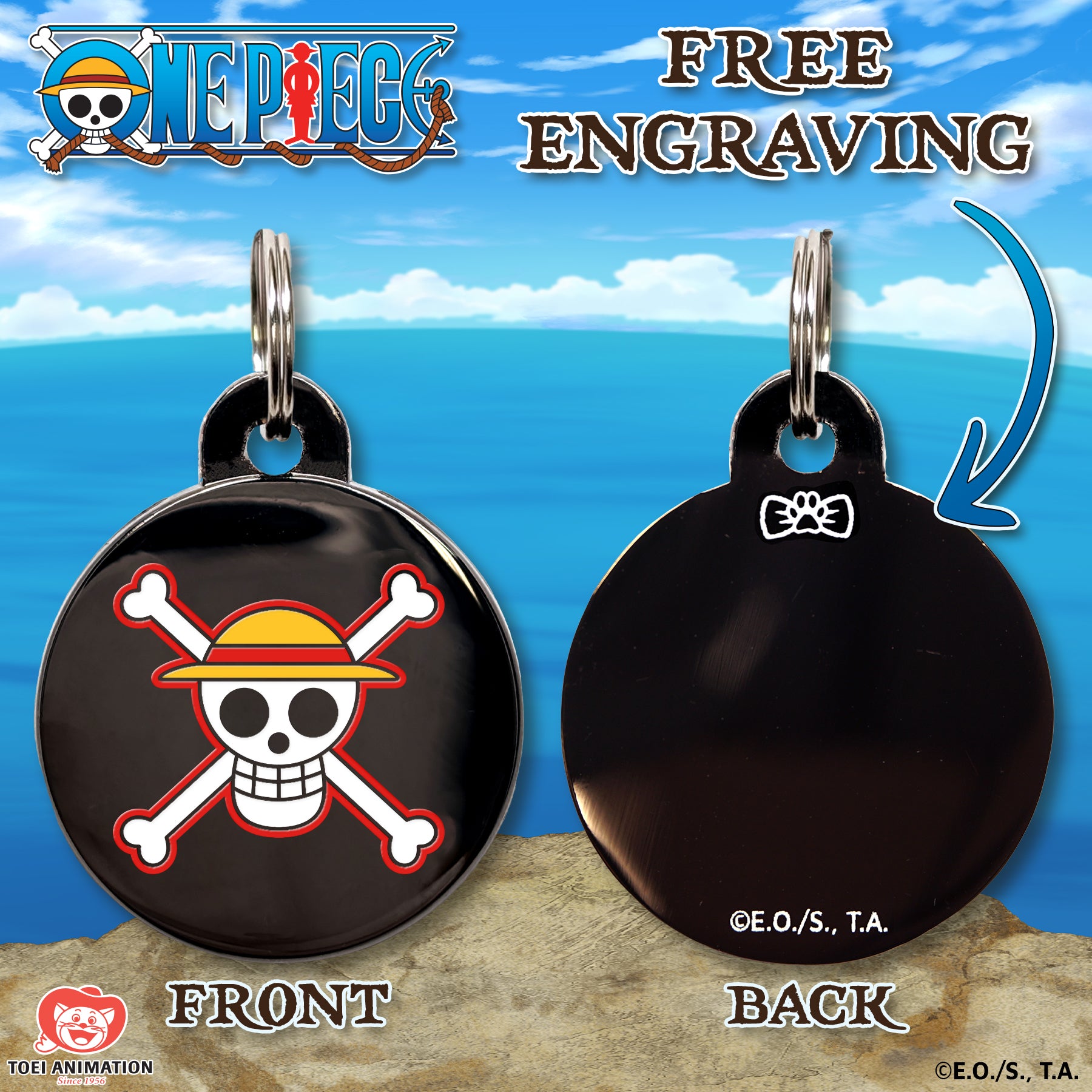 Engraving preview of the Luffy's Pet Tag from One Piece, showcasing the front design and the customizable text preview on the back.