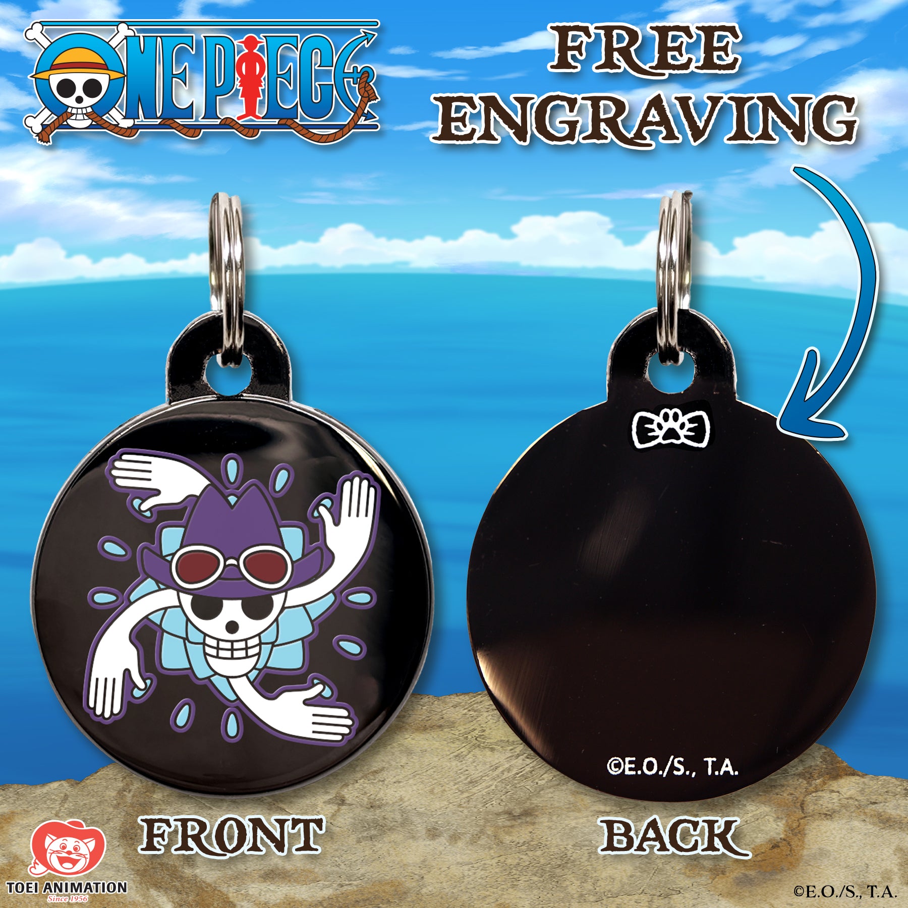 Engraving preview of the Nico Robin's Jolly Roger Pet Tag inspired by One Piece, showcasing the front design and the customizable text preview on the back.