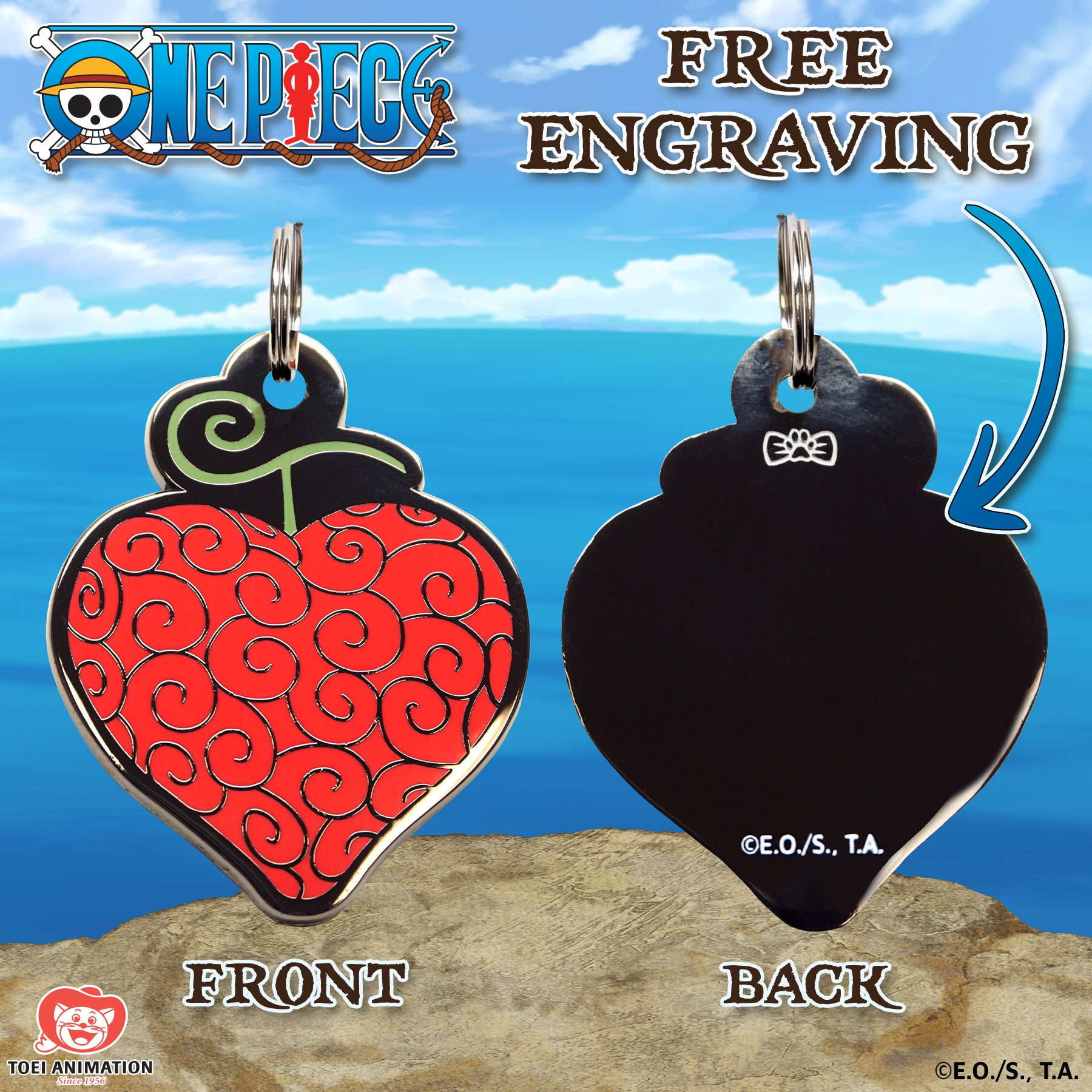 Engraving preview of the Op-Op Fruit Pet Tag inspired by One Piece, showcasing the front design and the customizable text preview on the back.