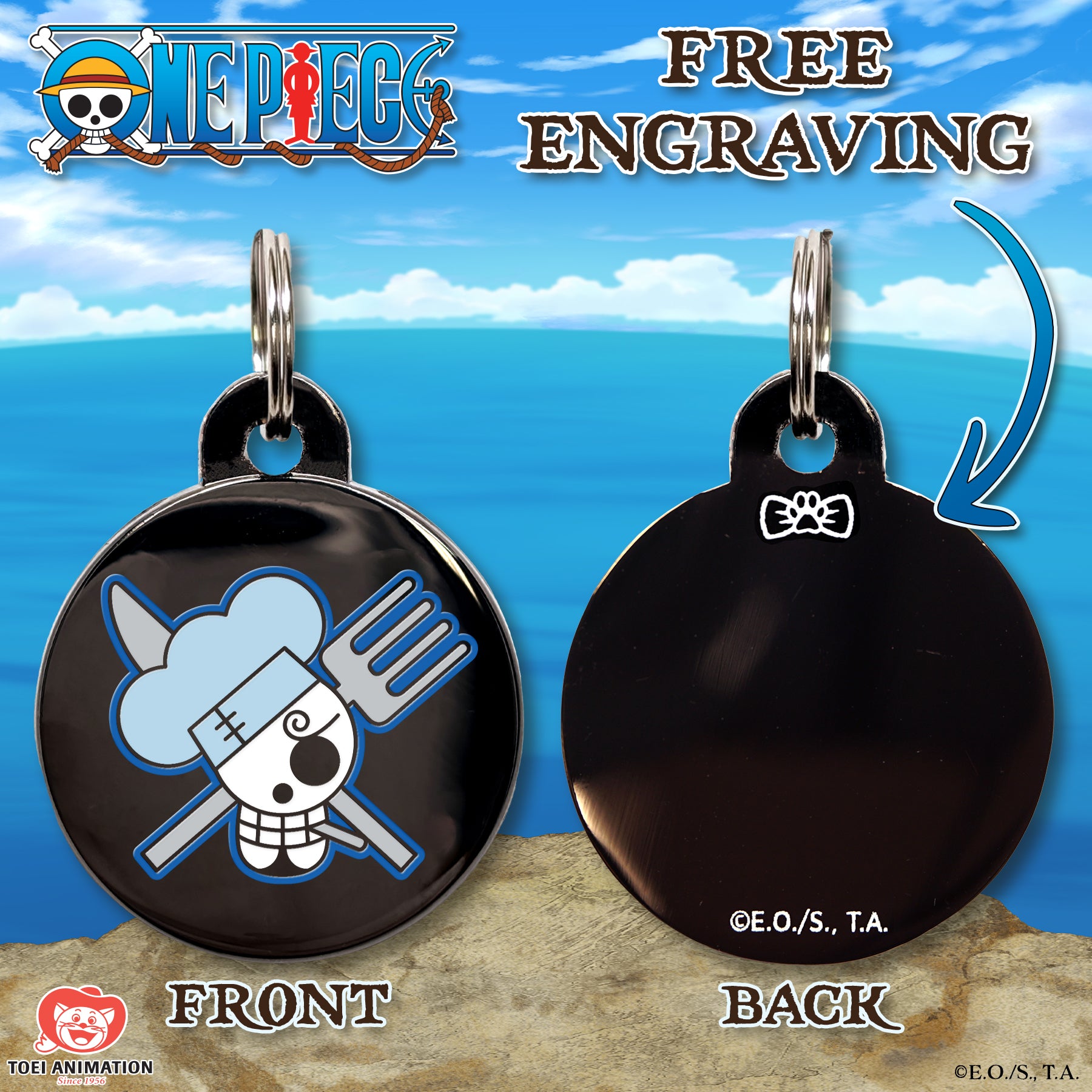 Engraving preview of the Sanji's Pet Tag from One Piece, showcasing the front design and the customizable text preview on the back.