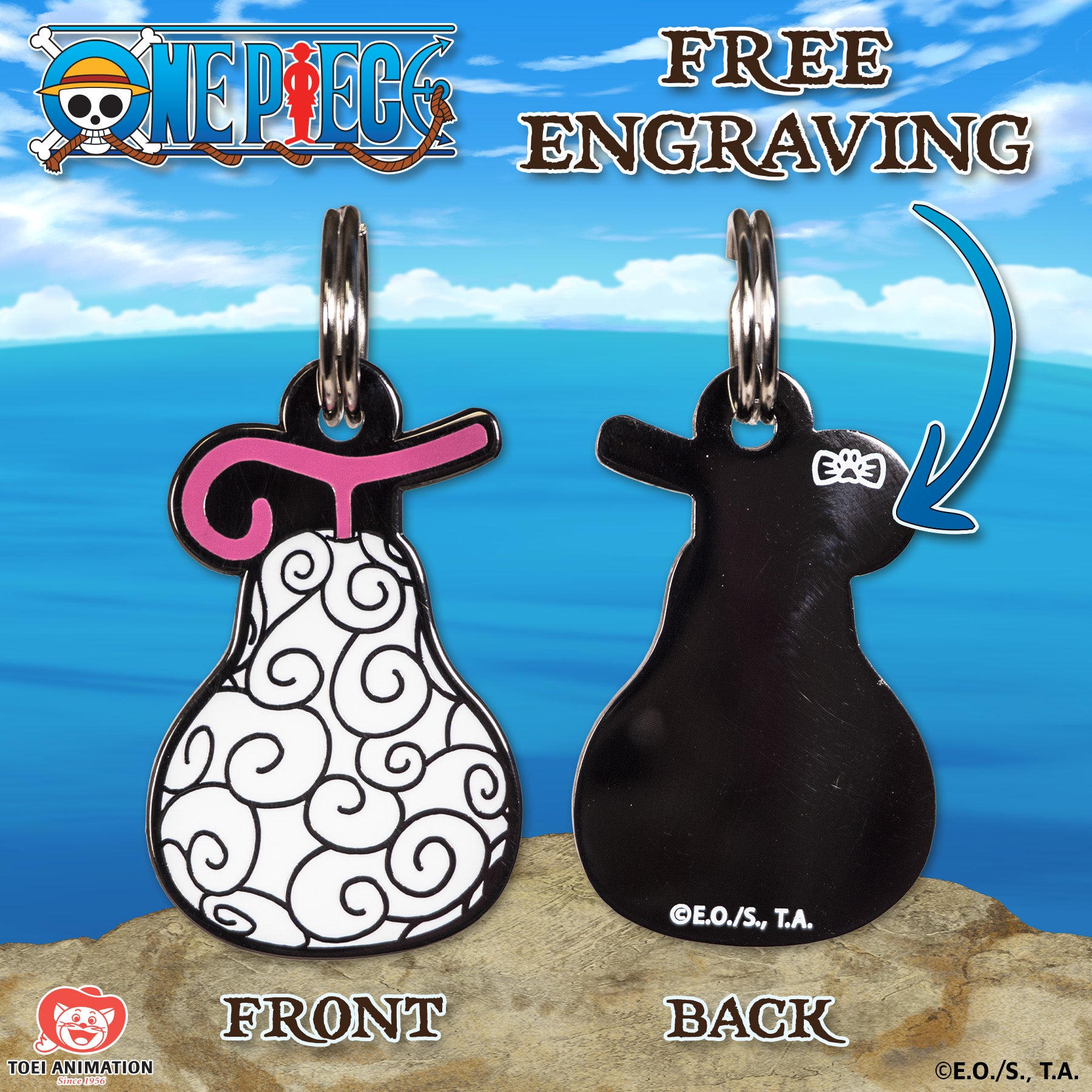 Engraving preview of the String-String Fruit Pet Tag inspired by One Piece, showcasing the front design and the customizable text preview on the back.