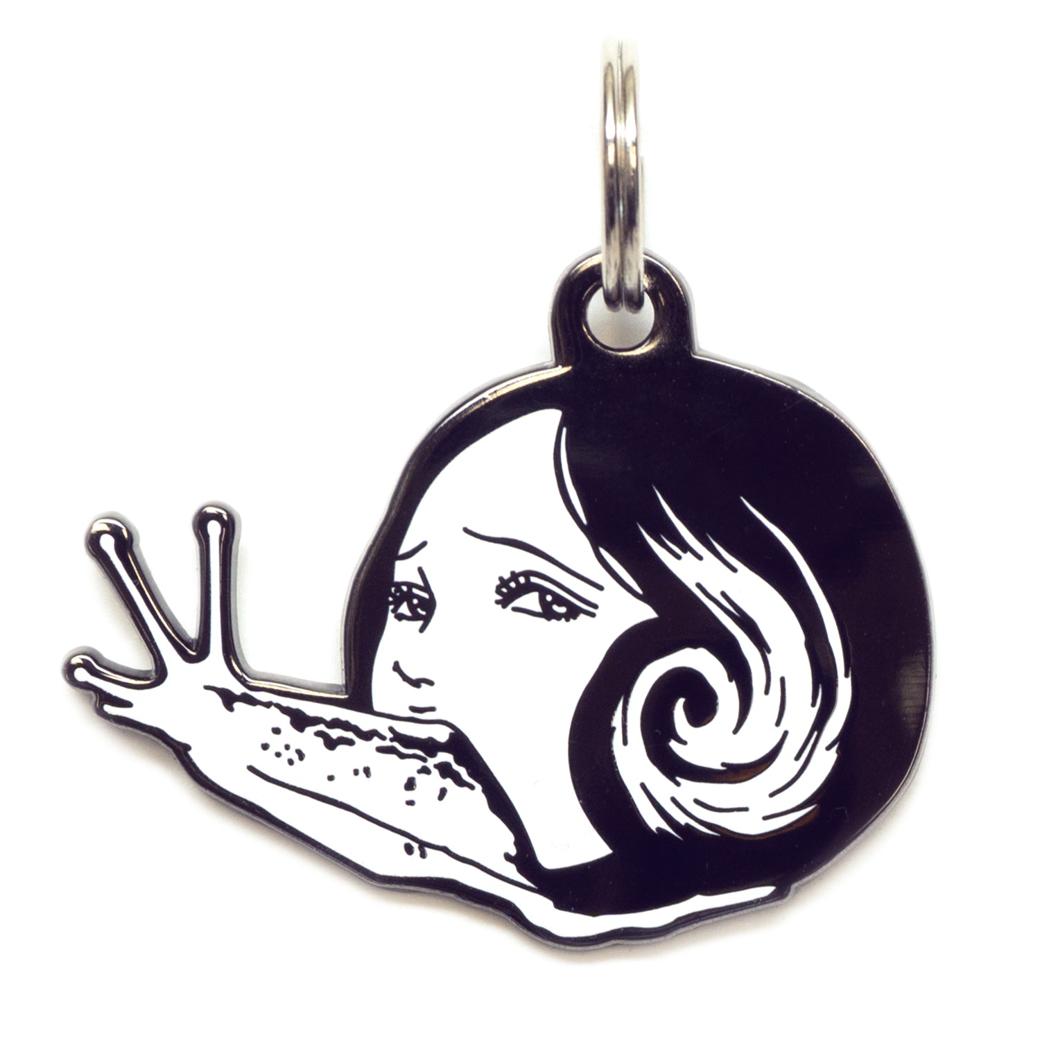 A pet tag featuring Slug Girl, a grotesque character from Junji Ito's manga, with her eerie appearance and slimy body.