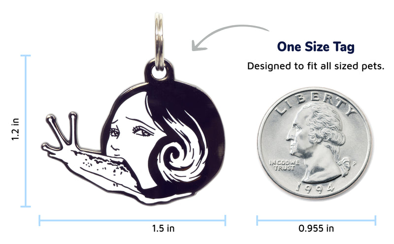 A pet tag featuring Slug Girl, a grotesque character from Junji Ito's manga, with her eerie appearance and slimy body.Junji Ito x Pawsonify - Slug Girl Pet Tag - Free Engraving Included!