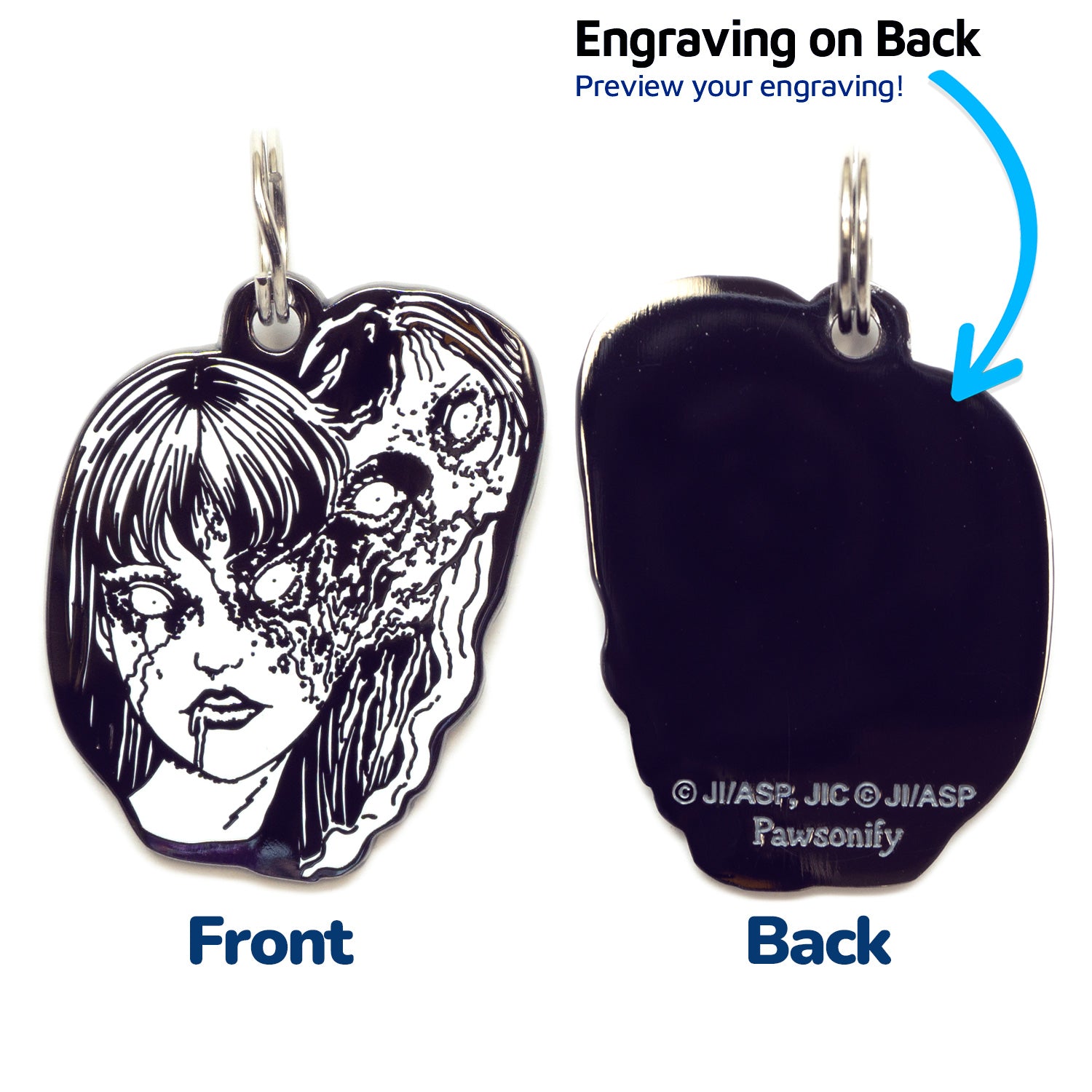  A pet tag featuring Tomie, a captivating yet terrifying character from Junji Ito's manga, known for her alluring beauty and supernatural ability to regenerate.